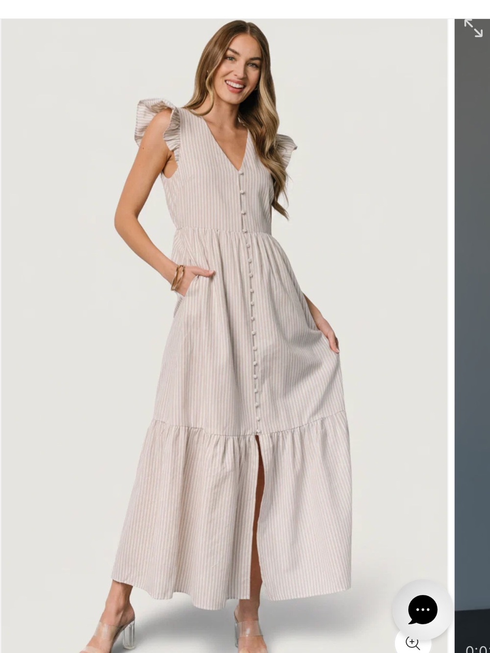 Baltic Born. Hettie Sleeveless V-Neck Tiered Maxi Dress in Light Beige Stripe